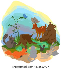 Cartoon forest wilderness landscape with many wildlife animals surrounding the tree trunk grub 
