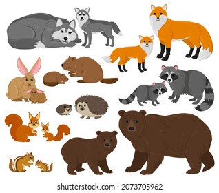 Caricatura de animales silvestres madres con bebés lindos. Madera silvestre, madre de fauna silvestre, niños de madres silvestres, conjunto de ilustraciones vectoriales. Mamá y niños animales. Madre madre e hijo bosque animal