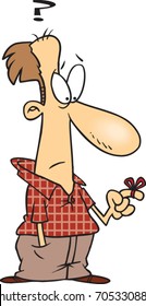 cartoon forgetful man with a question mark above his head looking at a reminder ribbon tied on his finger