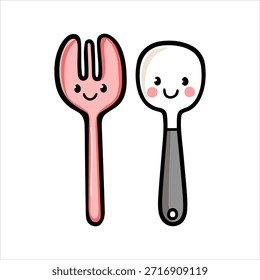 Un tenedor de dibujos animados con un mango rosa y una cuchara de dibujos animados con un mango gris están de pie uno al lado del otro, ambos con caras sonrientes