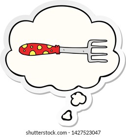 tenedor de dibujos animados con burbuja de pensamiento como pegatina impresa