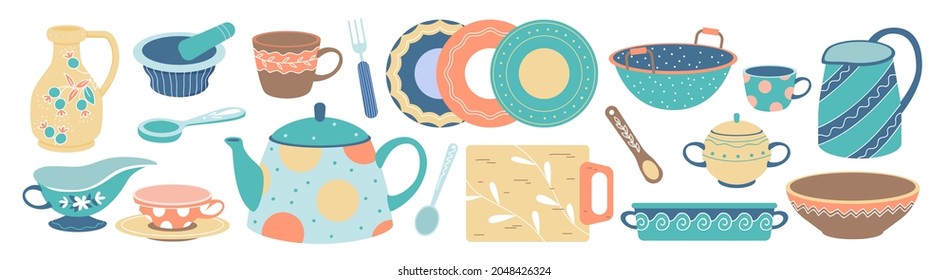 Cartoon fork tools and cup, dish bowl, plate with cute pattern for family dinner, retro tableware isolated on white