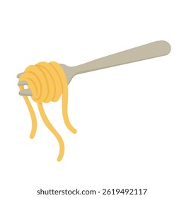 Cartoon fork twirling spaghetti noodles, isolated on white background, flat vector food illustration.