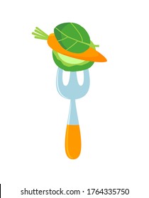 Horquilla de caricatura con verduras. Logo de comida cruda. Vector