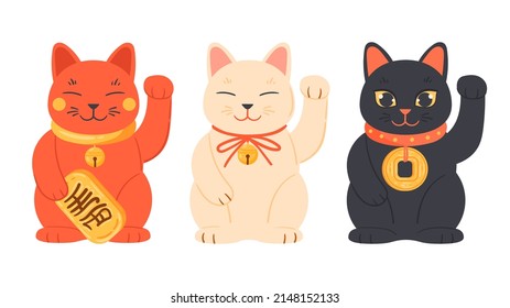 Cartoon fortune cat maneki neko, oriental japanese lucky cats. Black, white and red traditional cat toys vector illustrations set. Richness and fortune cats mascots