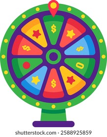 Cartoon fortune wheel spinning with pointer indicating winning money or bonus prize, offering chance to win and gamble, representing lottery, casino, or game show concept