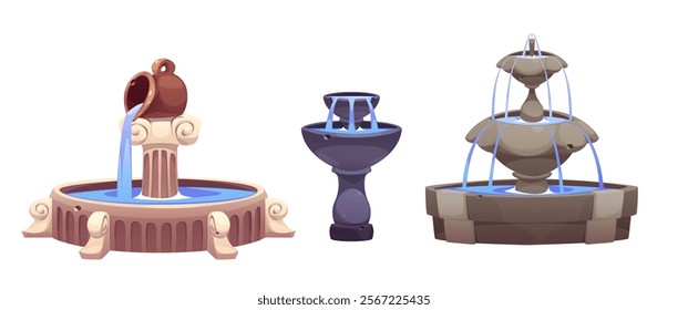 Cartoon fountain collection with varied designs - classical jug on column with ornate base, minimalist structure, tiered stone composition with arcing water streams. Decorative water garden assets.