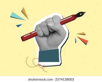 Cartoon fountain pen held in raised hand - creativity concept. Modern photo collage style. Vector illustration