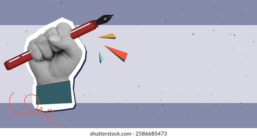 Cartoon fountain pen held in raised hand, place for text. Creativity concept. Modern photo collage style. Vector illustration