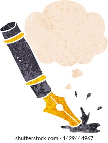 cartoon fountain pen with thought bubble in grunge distressed retro textured style