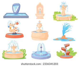 Fuentes de dibujos animados. Escultura de fuente de agua decoración de verano para piscina de jardín o parque de la ciudad de arquitectura, estatua con fontanela de cascada natural, claro ejemplo vectorial de la fuente conjunto de verano