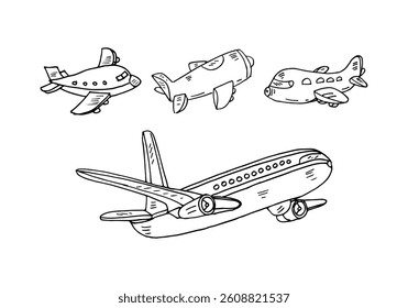 Cartoon four airplanes doodle set vector hand-drawn illustration.