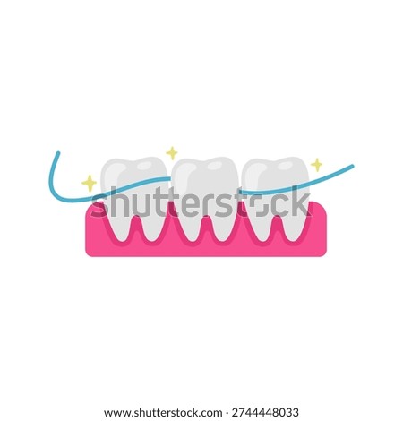 Cartoon of four clean white teeth with floss and sparkles, ideal for promoting flossing, oral hygiene, and dental health education for kids and preventive care campaigns.
