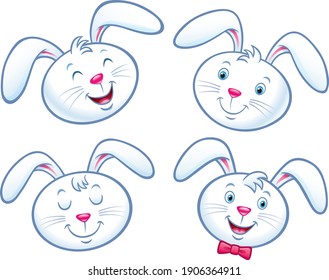 Cartoon of four cute bunny rabbit character faces with different looks and expressions for Easter time.
