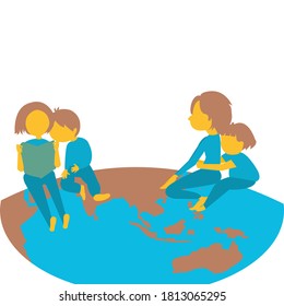 Cartoon of four cute children on earth ,planet two are Hugged their waist. Two are reading book.Vector isolate illustration concept for World kids. International friendship day,World children’s day.