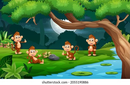 Cartoon four cute monkeys enjoying nature at night