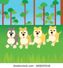 Cartoon four dog on playground nature background.eps