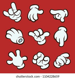 Cartoon vier Griffhandschuhe mit unterschiedlichen Gesten. Vektorclip-Kunstillustration. Jede auf einer separaten Ebene. 
