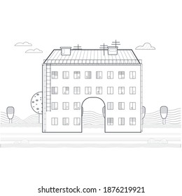 cartoon four floor house with arch   for coloring book,vector background illustration