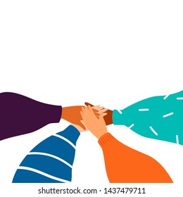 Cartoon Four human hands support each other. Concept of teamwork with copy space. Diverse female hands united for social freedom and peace, women power. Vector