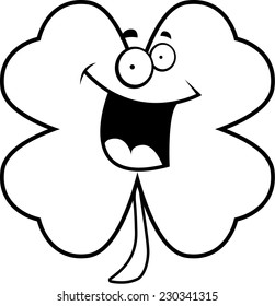 A cartoon four leaf clover smiling and happy.