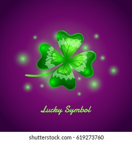 Cartoon Four leafed clover leaf on a purple background. Symbol of luck and St. patricks day.