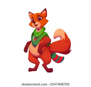 Cartoon fox animal character exudes charm and festive cheer, wrapped snugly in a colorful Christmas scarf. Isolated vector personage with playful eyes and fluffy tail capture magic of holiday season