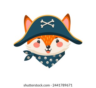 Cartoon fox animal pirate or captain and corsair sailor, vector character. Funny Caribbean fox in pirate tricorne hat with crossbones, seaman skipper or boatswain for kids cute animal sailor