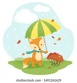 Cartoon fox in autumn with an umbrella in the rain. Vector illustration