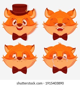 Cartoon fox avatars with different emotions, isolated on white background. Emotions of a fox smile, cry, surprise, anger and sweetness. Vector illustration
