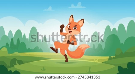 Cartoon fox. Background template with cute fox playing outdoor exact vector wild animal picture