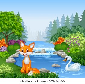 Cartoon fox in Beautiful river in forest