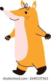 A cartoon fox with a big smile and simple lines is walking happily. The joyful animal strides forward with a playful expression. Cartoon vector illustration.