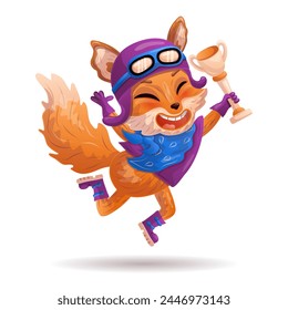 Cartoon fox as a biker, racer, winner is jumping with prize cup. Vector illustration.