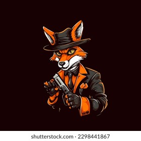 El zorro de caricatura con una chaqueta negra y una pistola en la mano sobre un fondo negro. Ilustración del vector