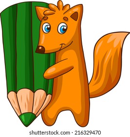 Cartoon fox character with big pencil. Vector illustration.