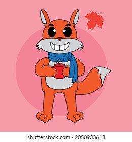 personaje de zorro de dibujos animados tomando té en otoño o invierno
