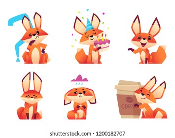 Cartoon fox characters. Orange fluffy wild animals poses and emotions zoo vector illustrations. Fox animal muzzle wicked and pensive