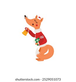 Cartoon fox in Christmas sweater holding a bell and a gift box. Flat illustration on white background. Christmas holiday concept for greeting card and poster design