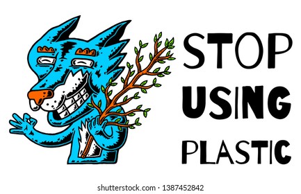  Cartoon Fox with Copyspace. Fox and Tree Branch. Zero Waste. Happy Wild Life. Stop Using Plastic.  