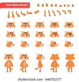 Cartoon fox creation set. Various gestures, emotions, diverse poses, views. Create your own pose, animation. Flat style vector illustration