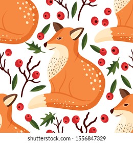 Cartoon fox cute vector illustration, forest clever funny animal seamless pattern.