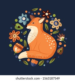 Cartoon fox cute vector illustration, forest clever funny animal round card with botanical foliage elements.