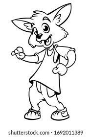 Cartoon fox dancing. Vector illustration outlined. Design for coloring book.