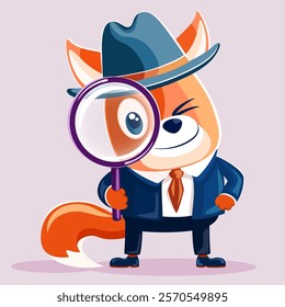 cartoon fox detective in hat with a magnifying glass. funny animal in search. vector illustration