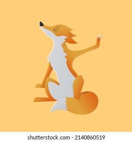 Cartoon fox disagree or stretch. Fox is unhappy. Fox in half a turn, stops with his hand. The eyes are closed. Vector illustration of a cartoon animal. Isolated background.