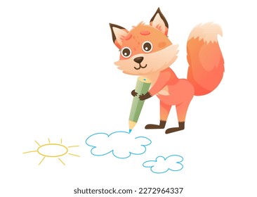 Cartoon fox drawing sun and clouds by pencil. Vector illustration kids fox drawing