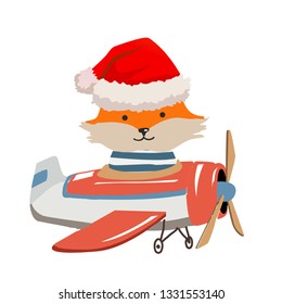 Cartoon fox fly on a airplane. Image for children clothes, postcards.