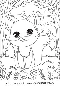 Cartoon Fox In Forest Coloring Pages For Kids