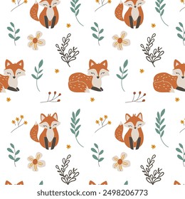 Cartoon fox, forest, print, vector pattern, cute